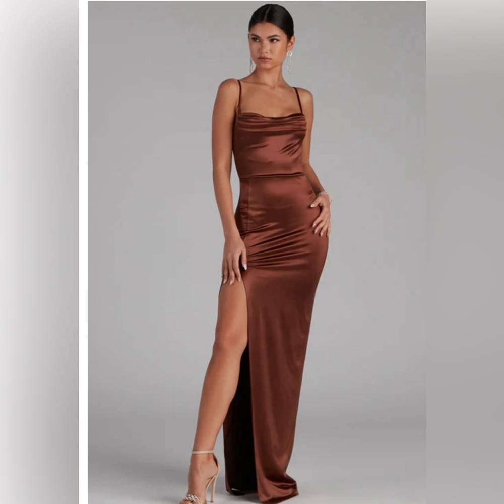 Windsor - Brown Lola High Slit Satin Dress - Size Small